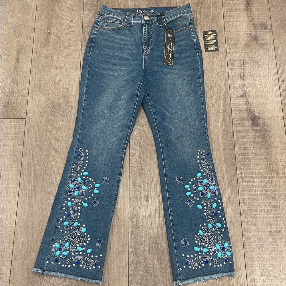 DG2 by Diane Gilman Blue Denim Flare Jeans with Turquoise & Royal Embellishments